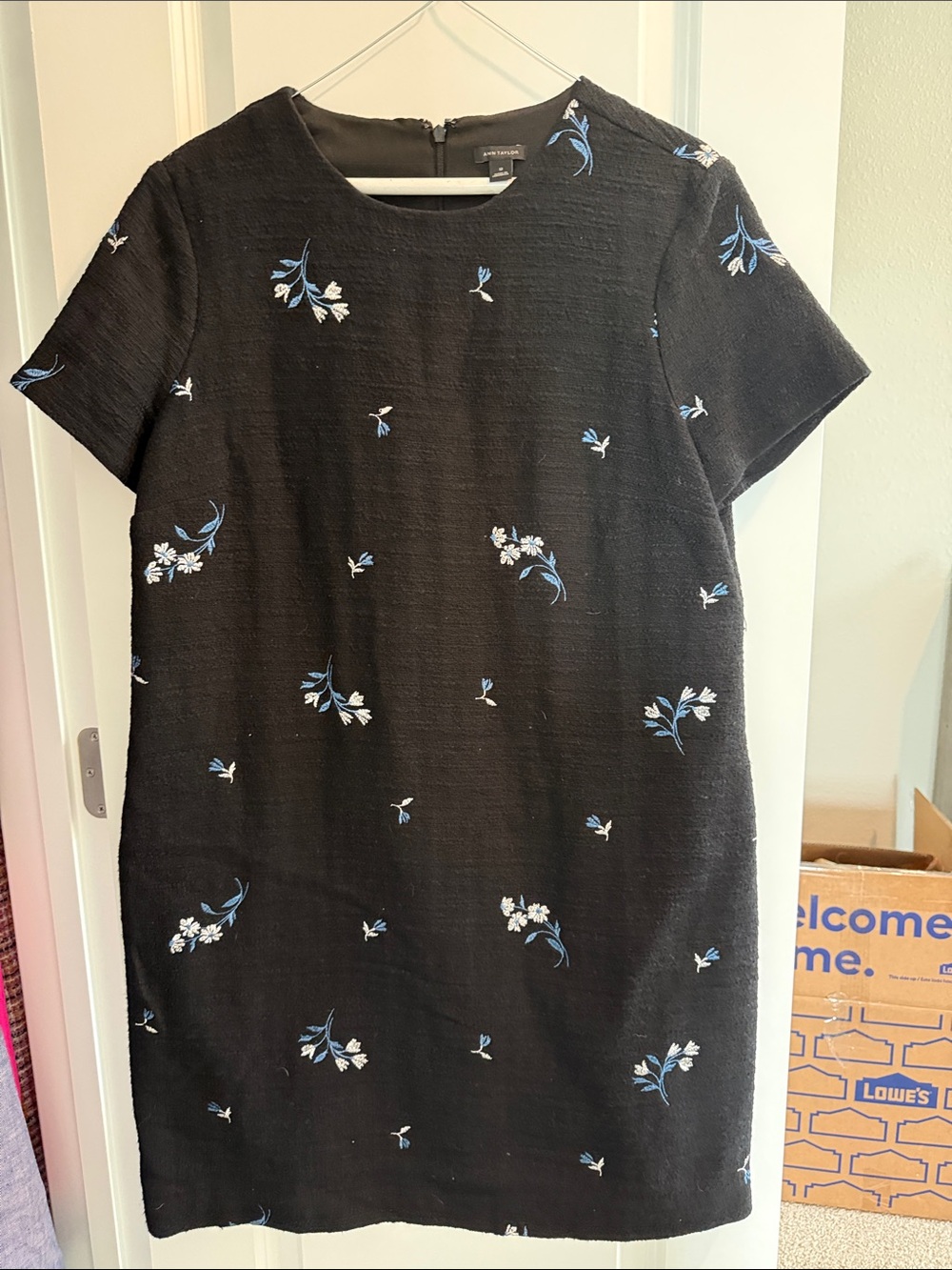 Ann Taylor Black Midi Shift Dress with Blue and White Floral Embroidery